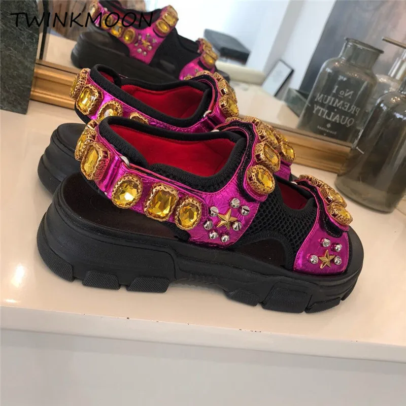 Big Rhinestone Chunky Sandal Women Platform Crystal 2019 Summer Ladies Shoes Thick Sole Height Increasing Mesh Casual Sandal