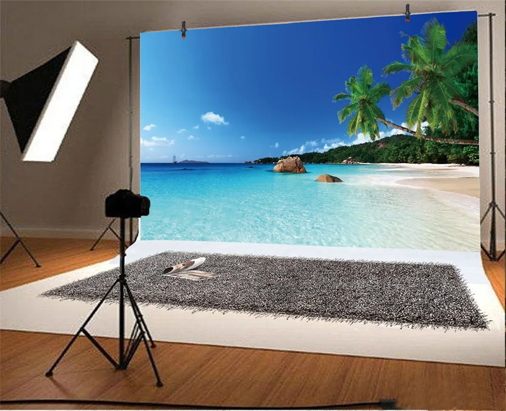 Laeacco Sea Beach Blue Sky Palm Tree Summer Scenic Photography Backgrounds Customized Photographic Backdrops For Photo Studio