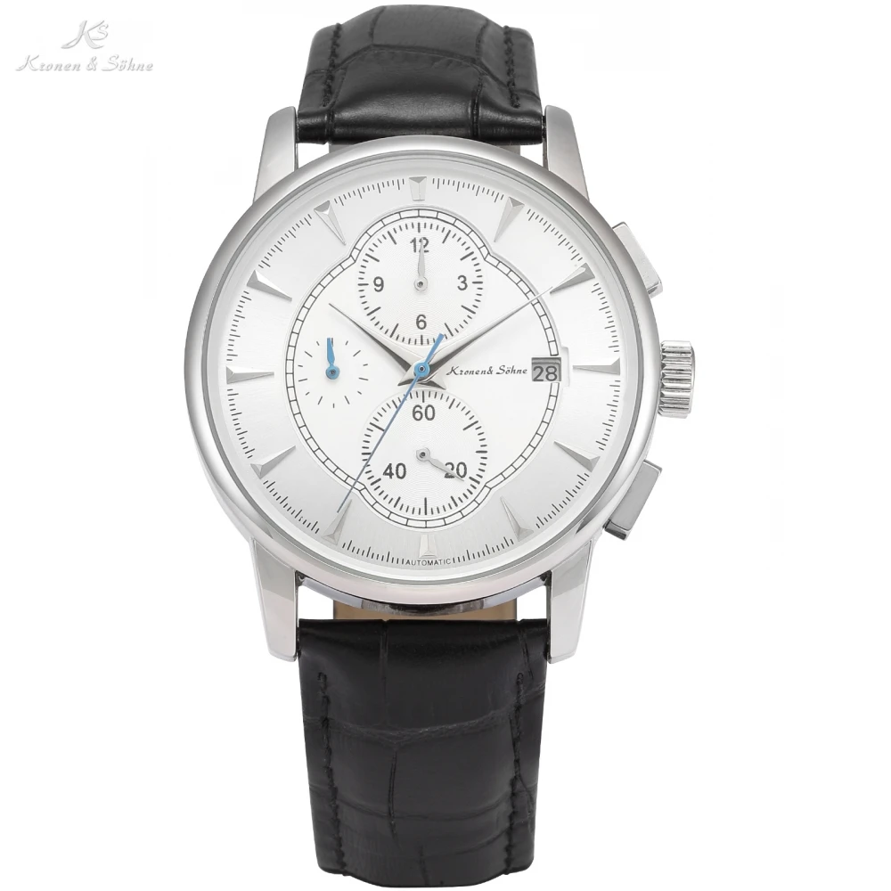 KS автоматические часы серебристый, белый, черный кожаный ремешок Дата месяц Механические мужские деловые брендовые Heren Horloge наручные часы/KS285