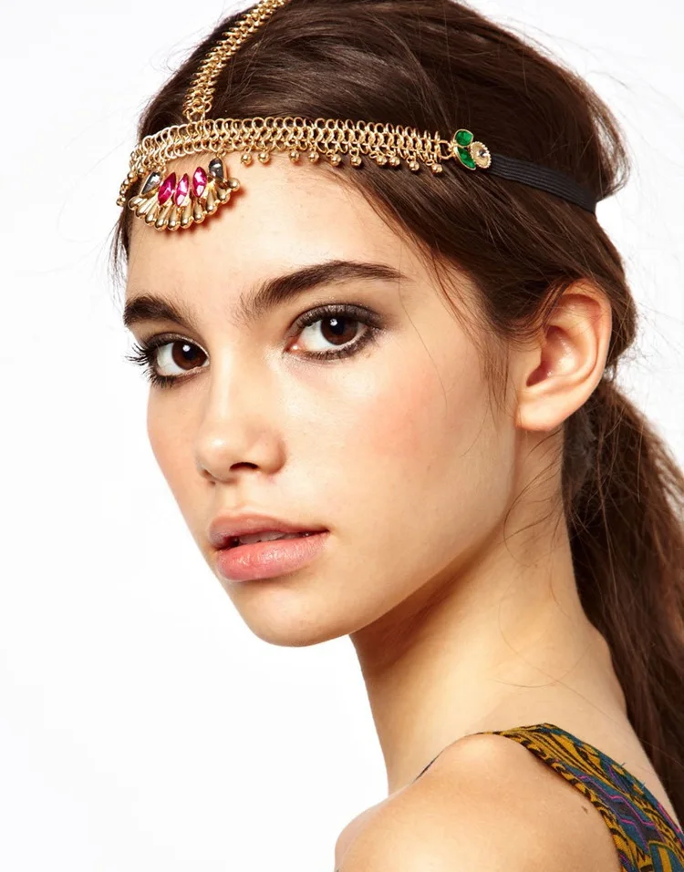 2014 Hot Bohemian Multicolor Rhinestone Gem Pendant Gold Alloy Hair