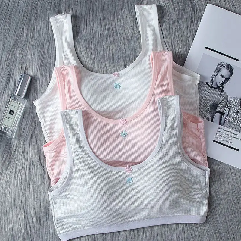 

Teenage Girl Wide Straps Sport Training Bra Underwear Thread Ribbed Wireless Bralette Flower Applique Backless Adjusted Vest