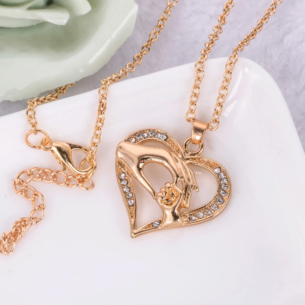 Vintage Collare Mother Child Necklaces Shellhard Crystal Hand in Hand Heart Shaped Pendant Necklace Love Family Jewelry Gift