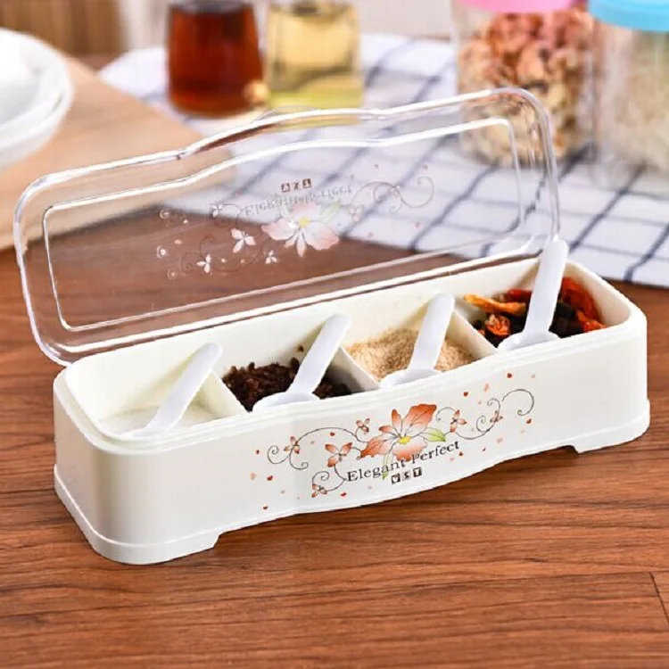 Kitchen seasoning box with spoon transparent jar plastic flip four grid of MSG | Дом и сад