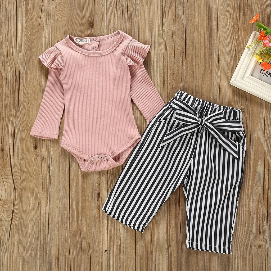 Новая модная одежда для новорожденных девочек на осень и весну однотонный боди с длинными рукавами+ длинные штаны в полоску с поясом, комплект Z4