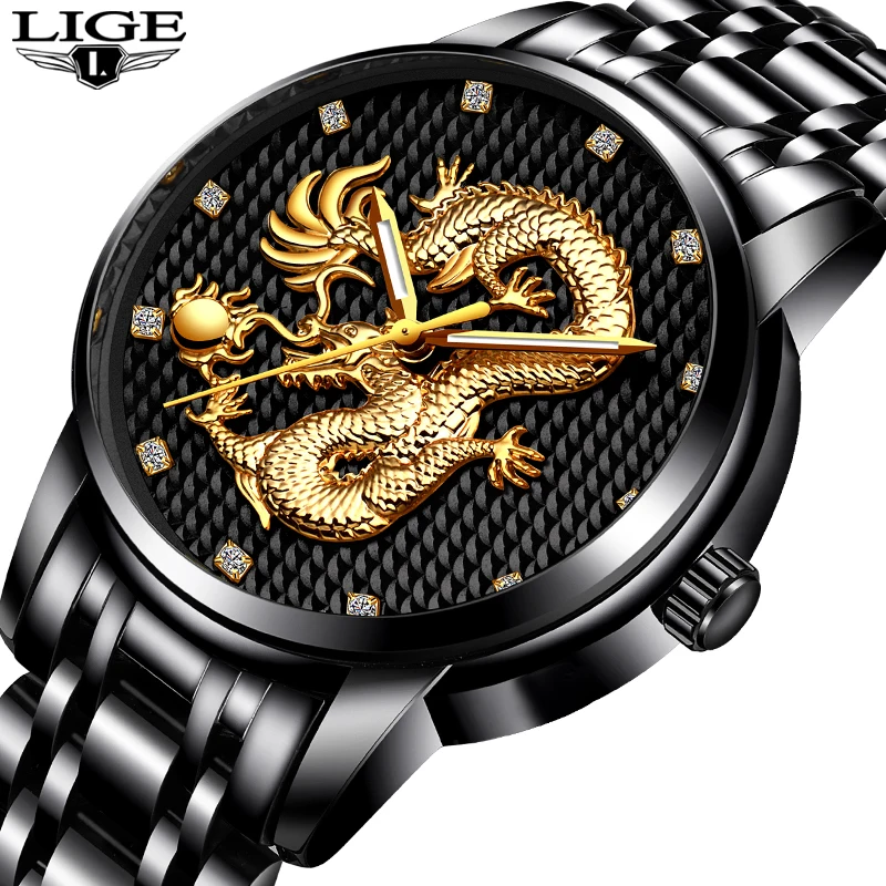 2018 Men Watches Top Brand LIGE Luxury Gold Dragon Sculpture Quartz Watch Men Full Steel Waterproof Wristwatch relogio masculino