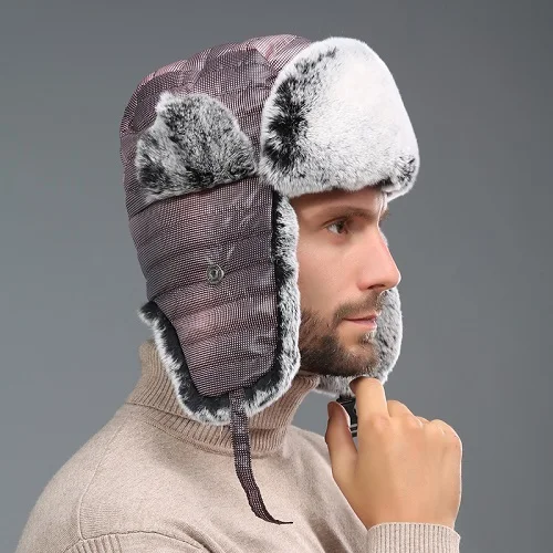 Women Real Rex Rabbit Bomber Hats Men Ushanka Trapper Hat Russian Snow Ski Cap Winter Warm Couples Caps Thermal Earmuffs earflap - Цвет: Pink Plaid