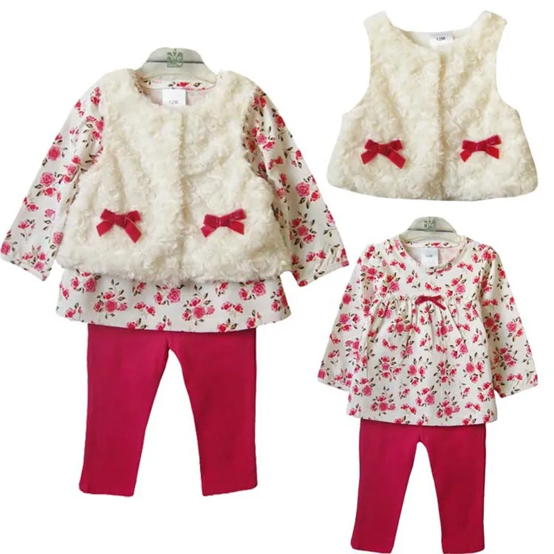 Весенне-осенний комплект одежды для маленьких девочек, 3 предмета, хлопковые комплекты, плюшевый жилет+ футболка+ леггинсы, Повседневная леопардовая кружевная Одежда для младенцев с цветочным принтом
