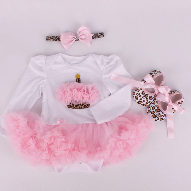 

3PCs per Set Infant Lace Romper Leopard Birthday Cake Baby Girls Long Sleeves Tutu Dress Headband Shoe 0-12months Free Shipping