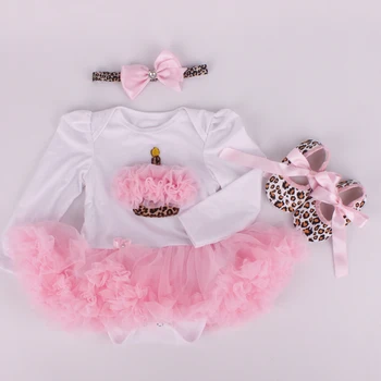 

3PCs per Set Infant Lace Romper Leopard Birthday Cake Baby Girls Long Sleeves Tutu Dress Headband Shoe 0-12months Free Shipping