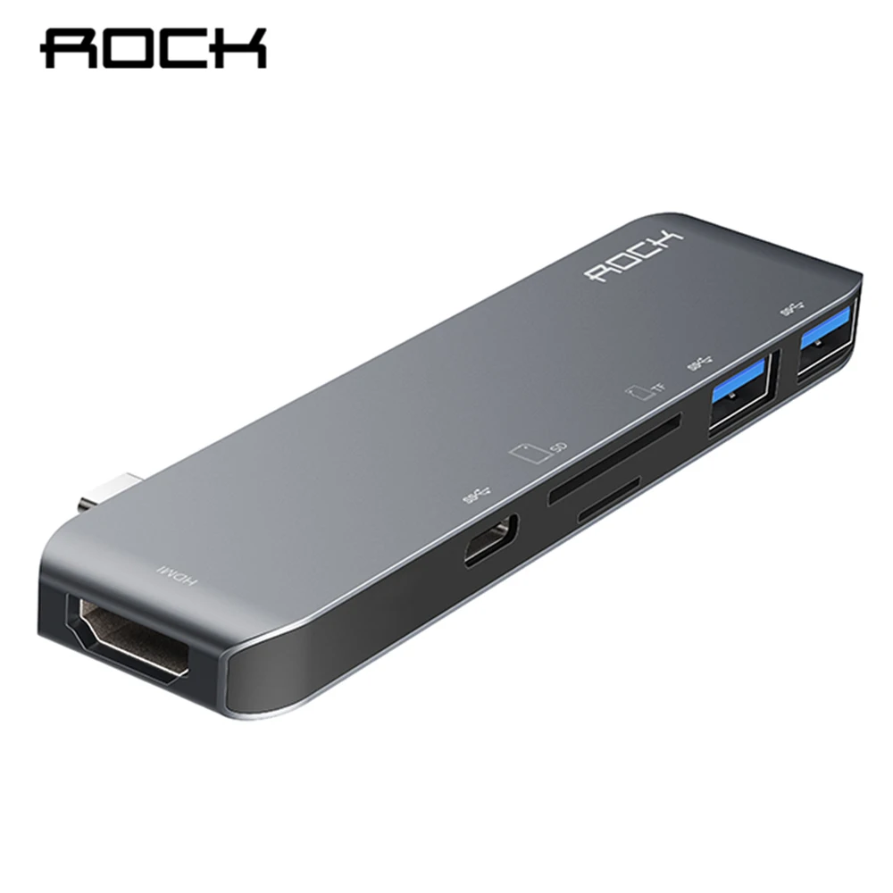 

ROCK 6 in 1 Type C Adapter HDMI USB 3.0 USB C SD TF Card Port Multifunctional Hub for MacBook Chrome Book Galaxy Tab S3 Matebook