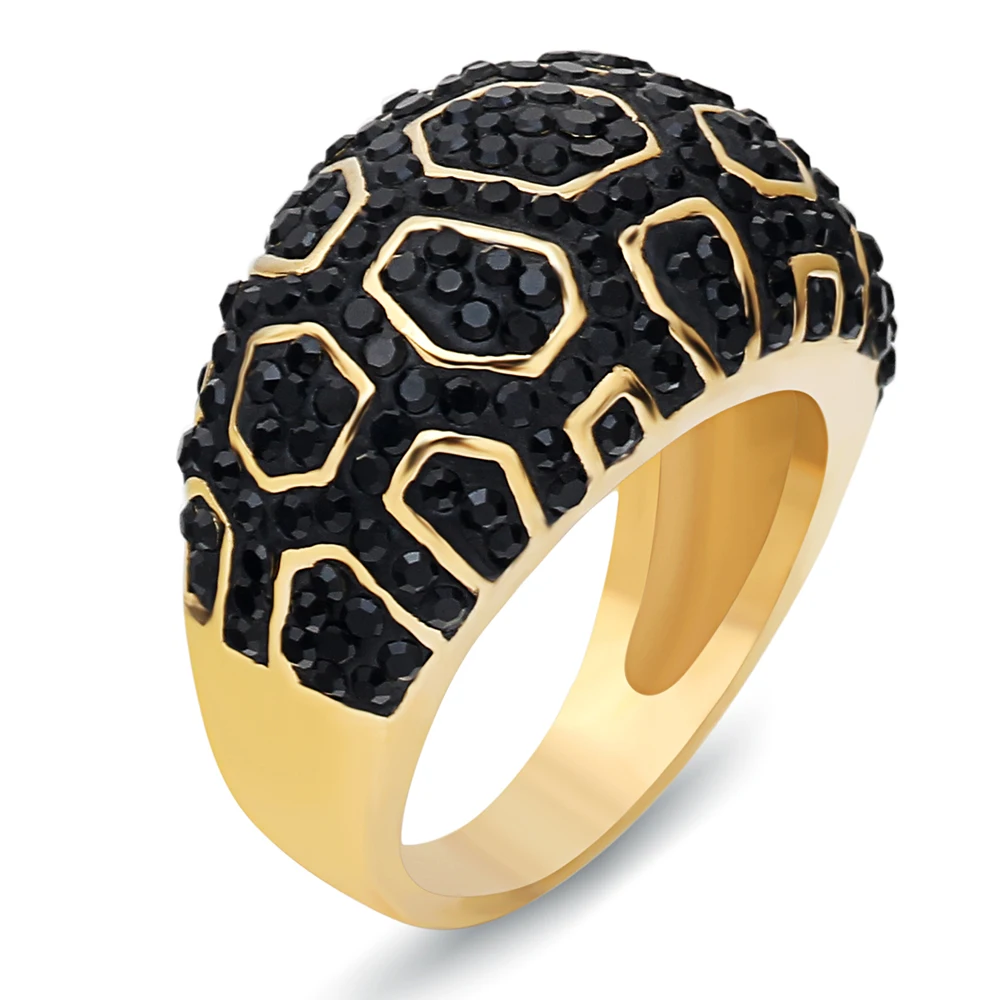 Genuine Gold Color Black Crystal Rings Wedding Brand Fashion Stainless