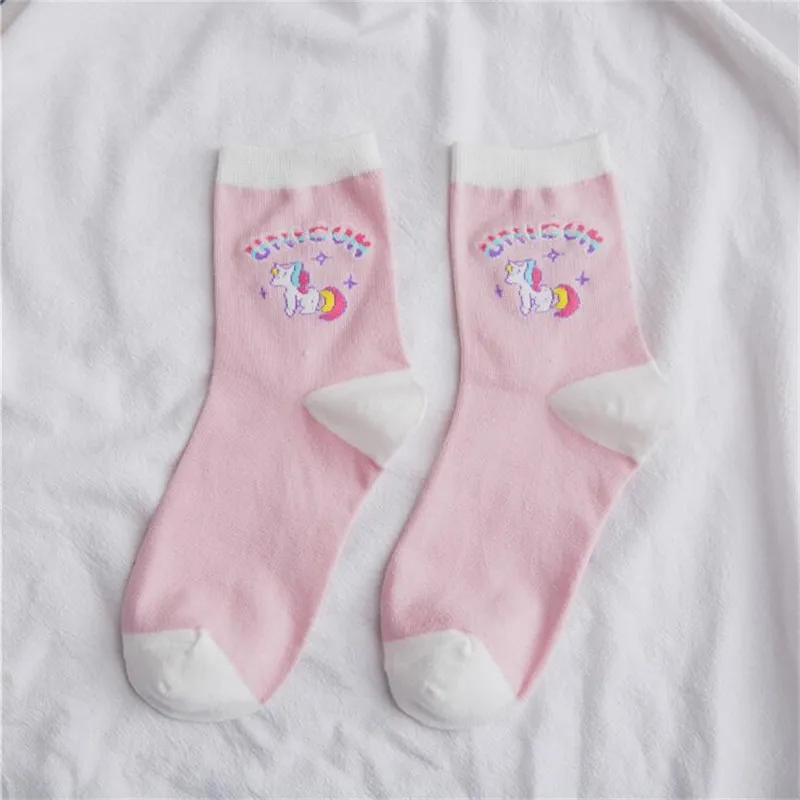 Милые носки с единорогами, женские хлопковые носки в японском стиле с героями мультфильмов для девочек, розовые и Белые Повседневные кавайные носки с лошадью, Calcetines Mujer