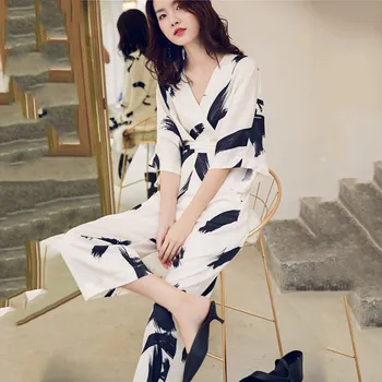 

Summer Deep V Party sexy Print Rompers women streetwear short sleeve Loose Office Lady Wide Leg Jumpsuits