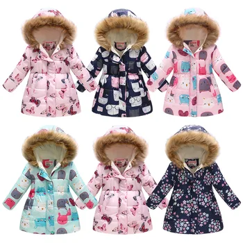 

Baby Girls Winter Thicken Hoodied Fake Fur Collar Flower Cat Jacket Children Outerwear Clothing Kids Christmas Snowsuit Coat
