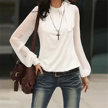 Fashion 2017 Spring Women Blouse New Bow Tie O Neck Long Lantern Sleeve Chiffon OL Tops Shirts Big Size Casual Blusas S3382