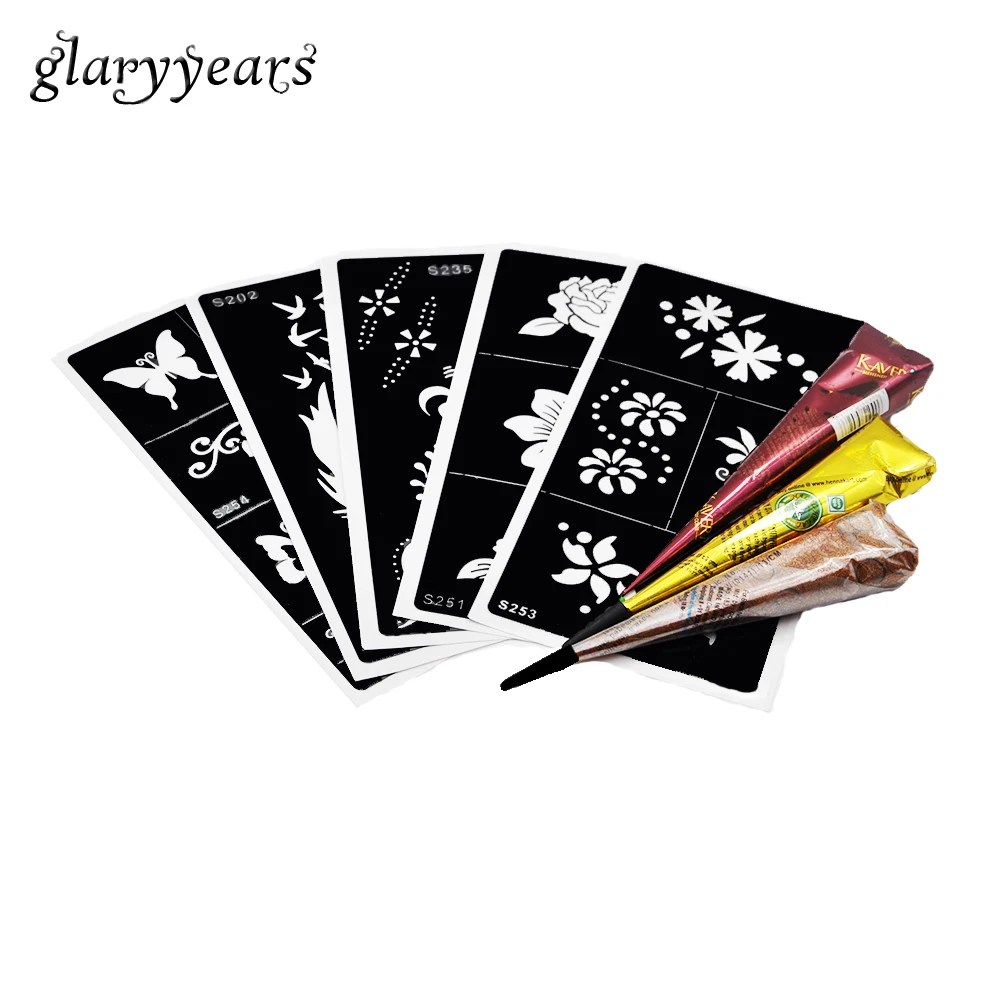 

5 Pieces Medium Tattoo Stencil + 3 Piece Henna Paste Cone Colored Flower Feather Drawing for Unisex Body Painting Tattoo Sticker