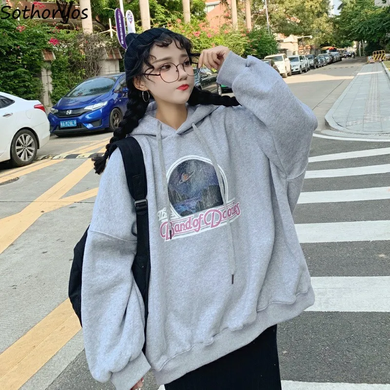 

Hoodies Women Pullovers Plus Velvet Warm Loose Korean Version Womens BF Chic Students Sweatshirts Leisure Elegant Female Daily