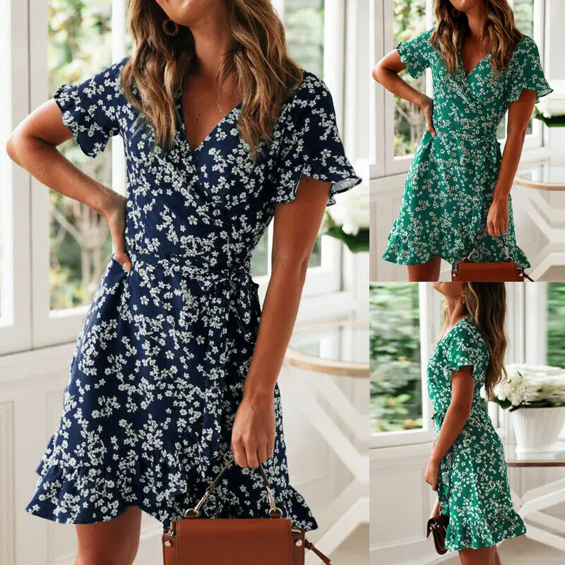 Женское летнее Мини Платье Boho вечернее пляжное платье с коротким рукавом и
