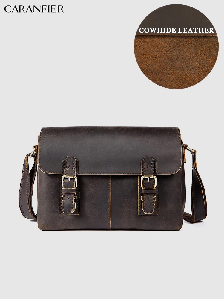 

CARANFIER Mens Travel Bags 100% Genuine Cowhide Leather Buckled Shoulder Bags Vintage Business Multi Function High Quality Bags