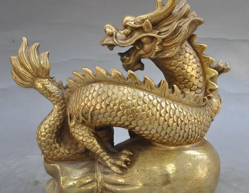 8 "марка китайский латунь фэншуй животных дракон Стенд мешок денег богатства повезло статуя