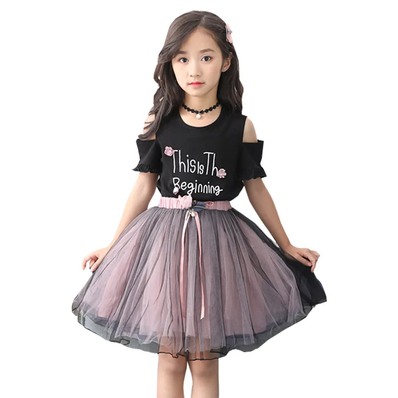 

Summer girls clothes set children fashion letter cotton t-shirts+lace short skirts suits for girls kids wedding party clothing