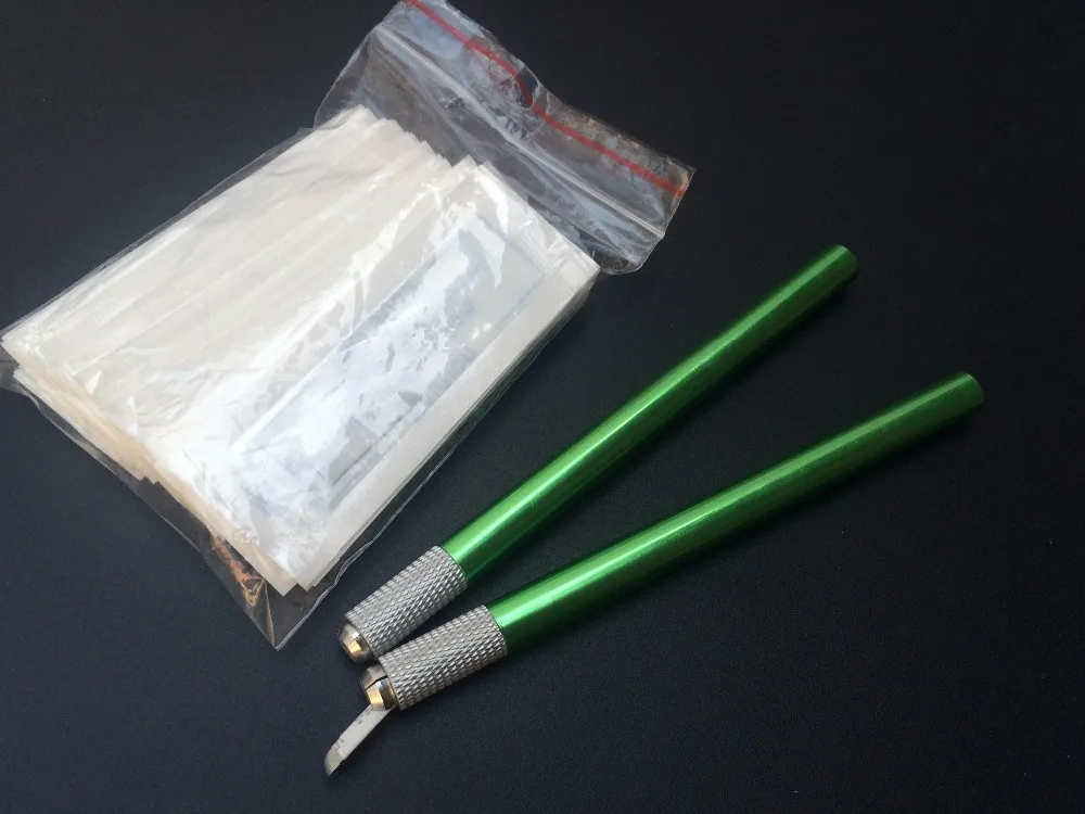 

2PCS Green Eyebrow 3D Embroidery Manual Tattoo Pen With 50 PCS 12 Needles Blade For Microblading Permanent Eyebrow Makeup
