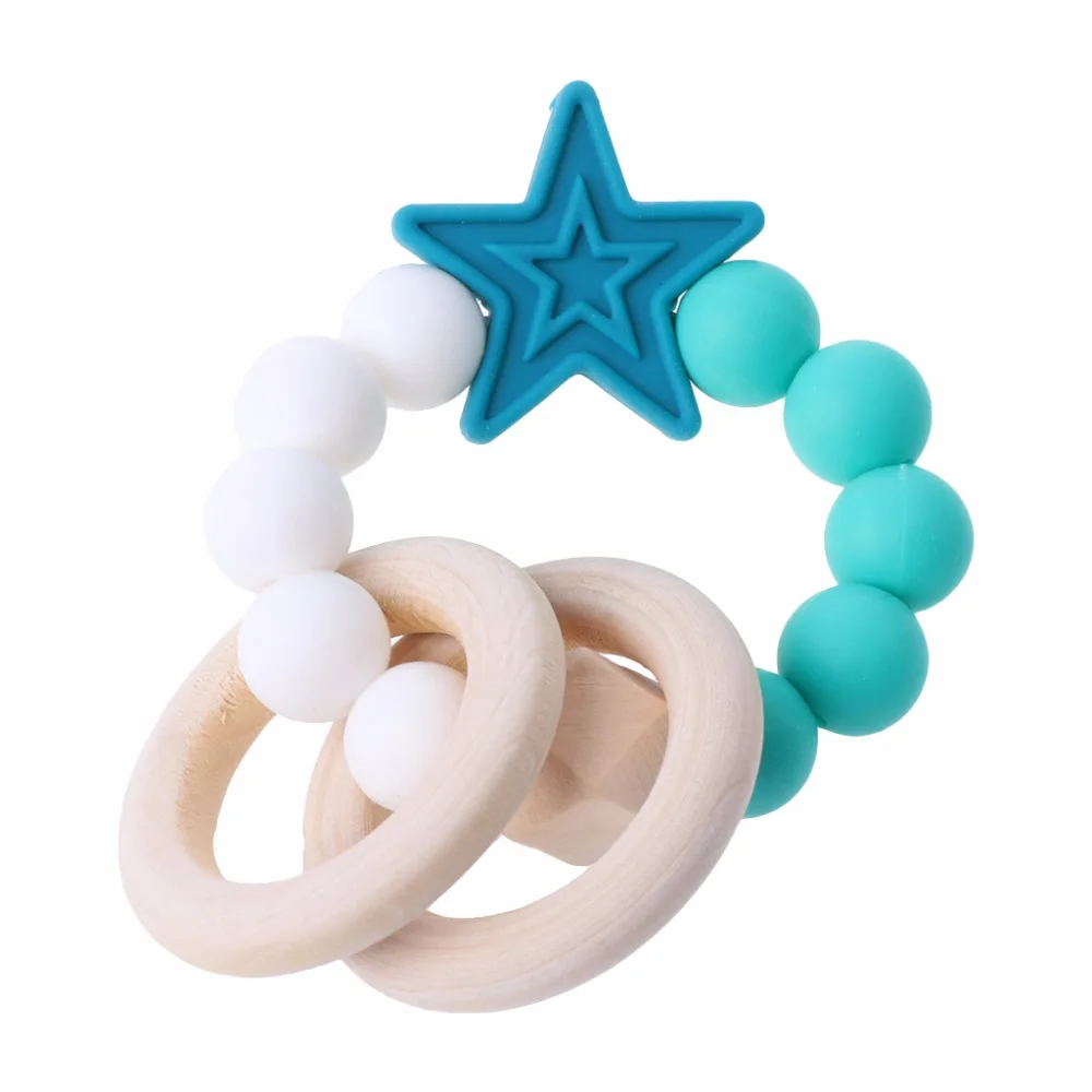 Baby Teether Bracelet Silicone Natural Wooden Rings Nursing Chew Beads