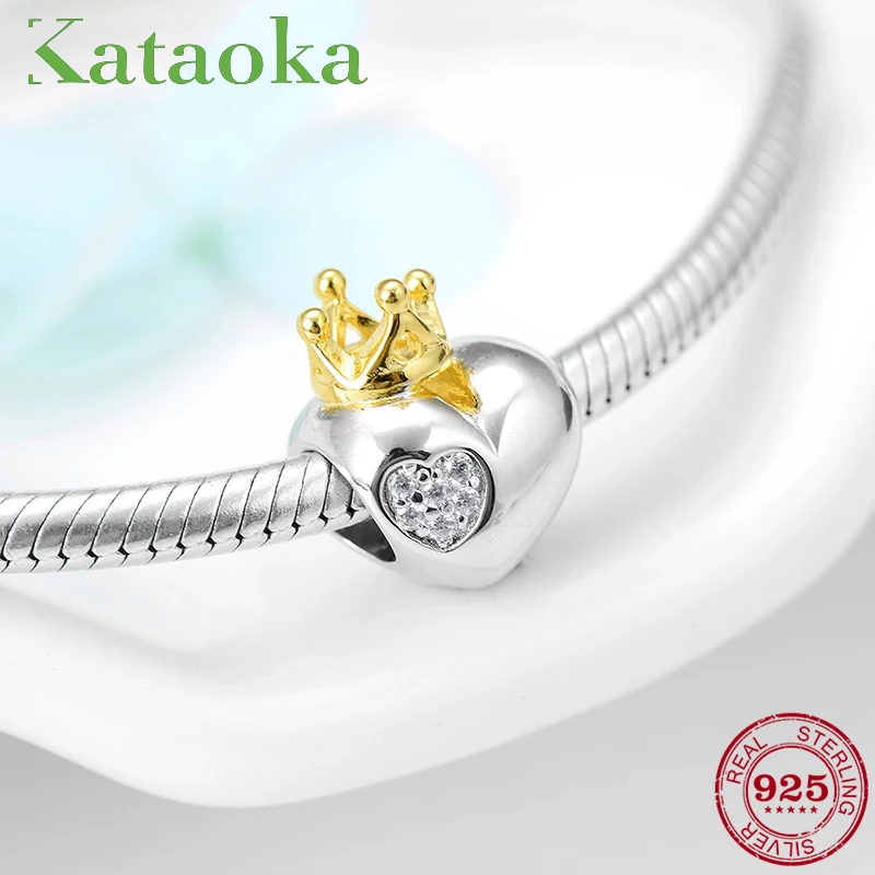 

Princess sweet Love heart with plated Gold Crown 925 Sterling Silver Bead fit Women Pandora Bracelets Charm DIY Jewelry making