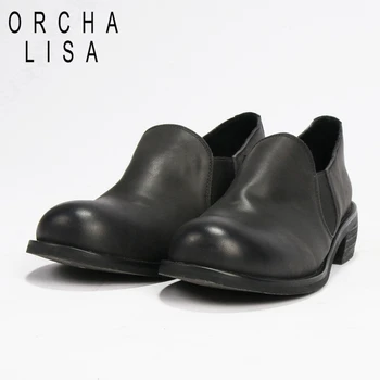 

ORCHA LISA Women genuine leather shoes Cow leather Middle square heel Round toe Slip on Spring summer High quality shoes C1129