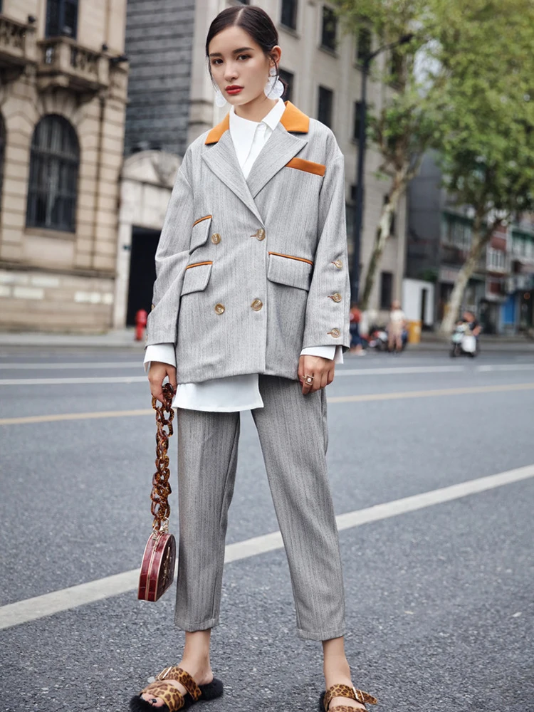 

2019 Spring Autumn Double Breasted Pocket Office Ladies Plaid Blazer suits sets Fashion Women Cuff roll long pants blazers sets