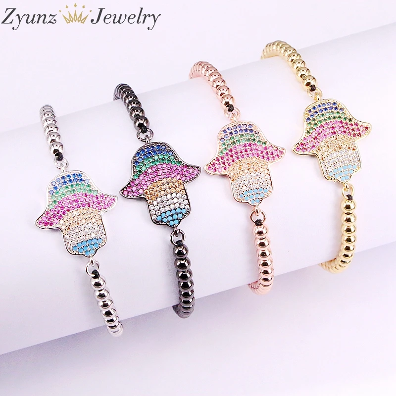 

10PCS, Micro Pave Colorful Zircon CZ Crystal Fatima Hamsa Hand Charm Macrame Bracelet