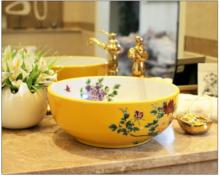Europe Vintage Style Lavobo Ceramic Washing Basin Counter top Bathroom Sink hand painted vessel sinks Peony painting black (5)