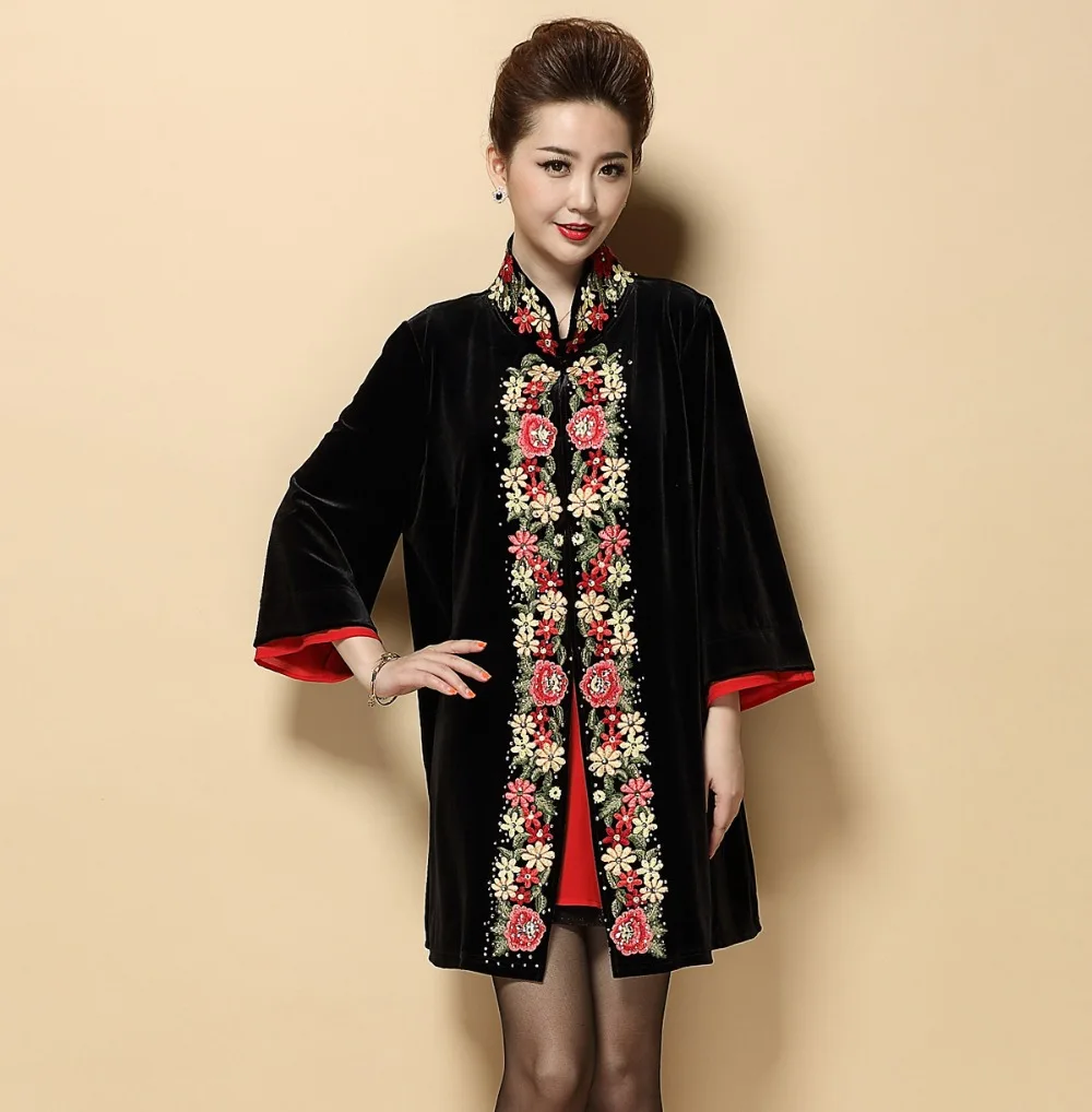 

High Quality Ethnic Embroidery Female Velvet Coat Chinese Style Women's Jacket Floral Outerwear Plus Size 3XL 4XL 5XL MD020