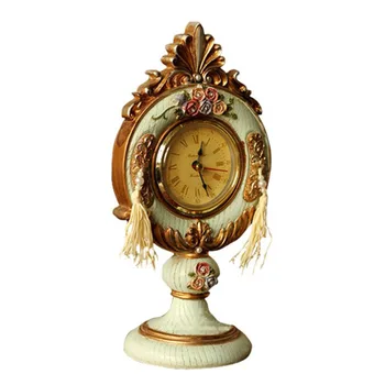 

European Retro Table Clock Embossed Rose Pointer Clock Creative Resin Crafts Ornaments Household Living Room Tabletop Decoration