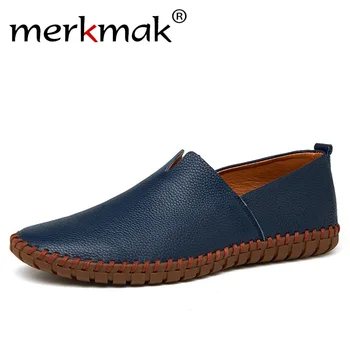 

Genuine Cow Leather Men Loafers 2018 Fashion Handmade Moccasins Leather Men Flats Blue Slip On Men's Boat Shoe Plus Size 38~47