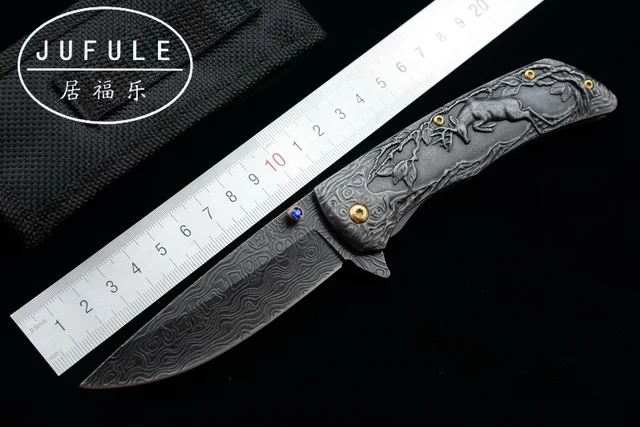 US $21.99 JUFULE Original design Damascus pattern folding camp hunt pocket Survival EDC tools Tactical outdoo