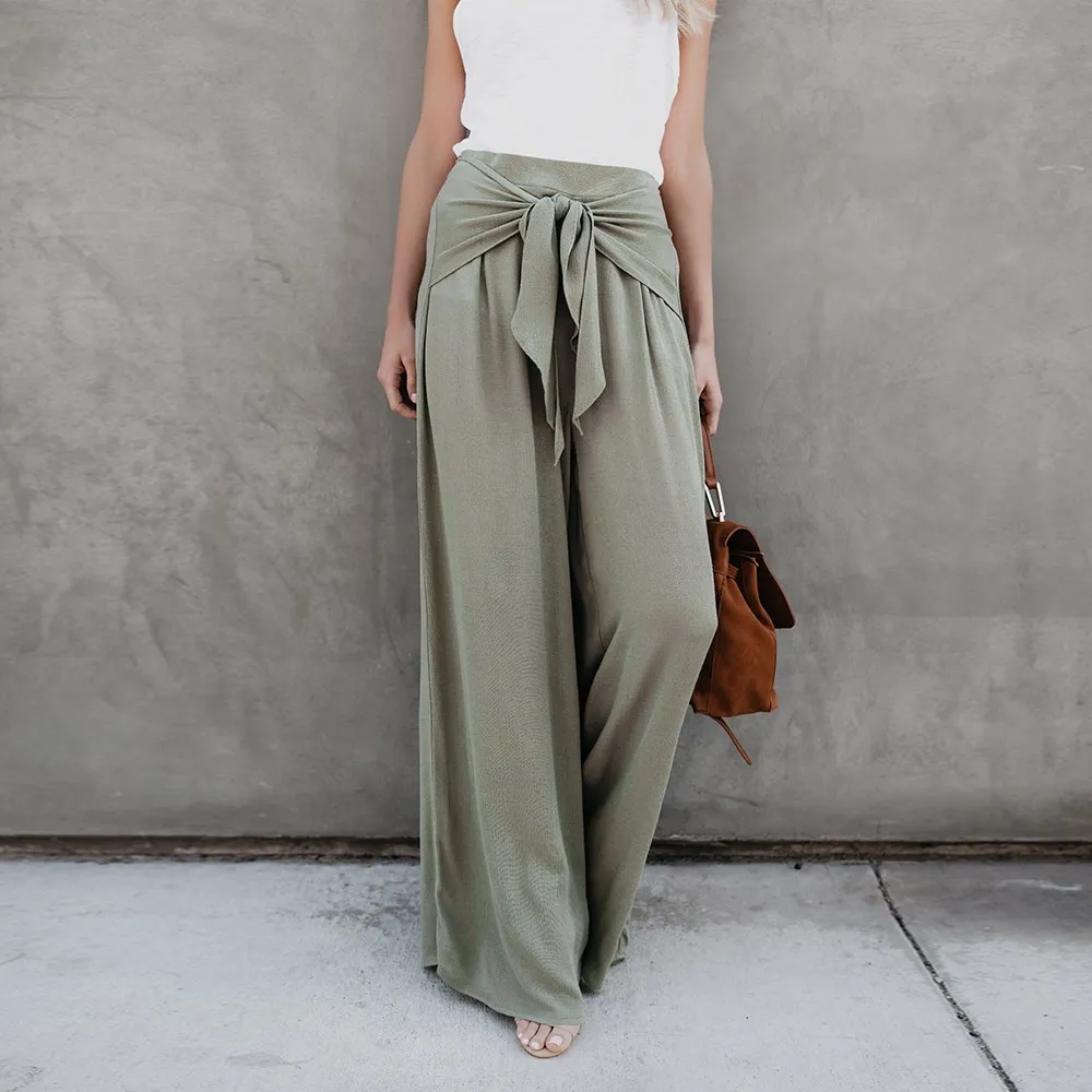 

Summer Women's Loose Casual Large Size Wide Leg Pants Formal High Waist Belted Street Wide Leg Pants