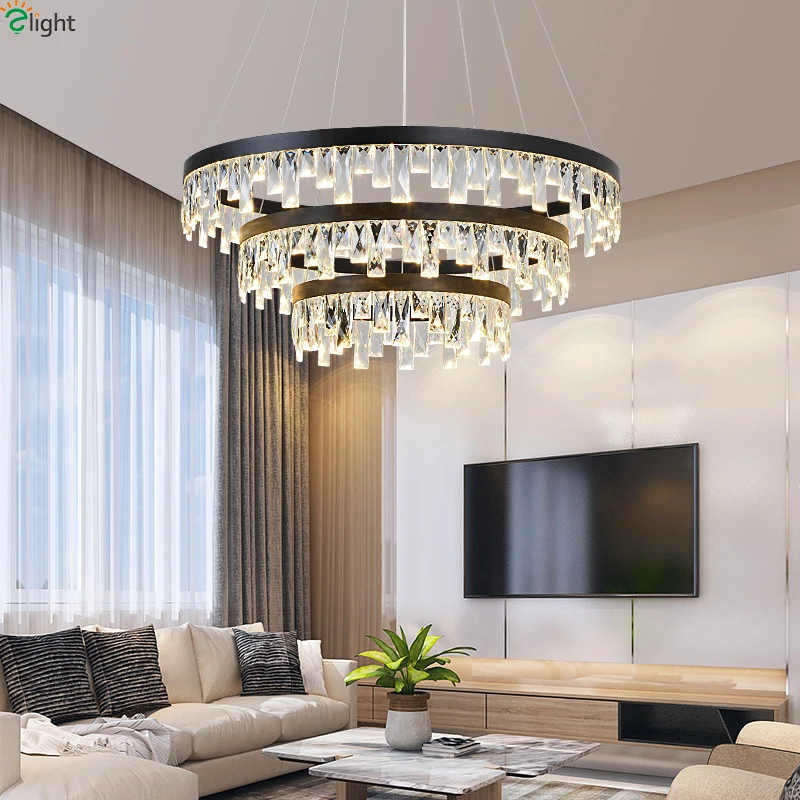 Modern Lustre Crystal Led Chandeliers Lighting Black Metal Living Room