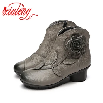 

Xiuteng Western Cowgirl Boots Women Shoes Genuine Leather Ankle Boots For Women Flower Zipper Chunky Block Heels Booties