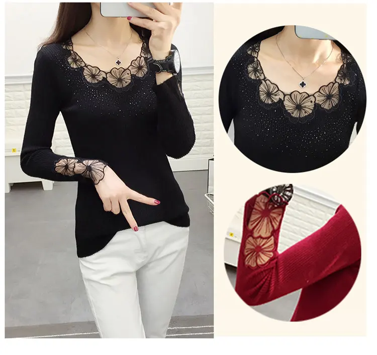 Women Pullovers 2019 Flower Lace Pullover Sweaters Fashion Round Collar Knitted Tricot Pull Fall High Elastic Sweater Women (2)