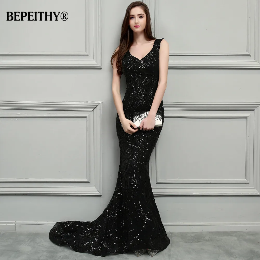 BEPEITHY Новый Русалка Длинные Выпускные платья 2019 блестящее платье Vestido Longo суд Поезд Сексуальная открытой спиной Вечерние без рукавов