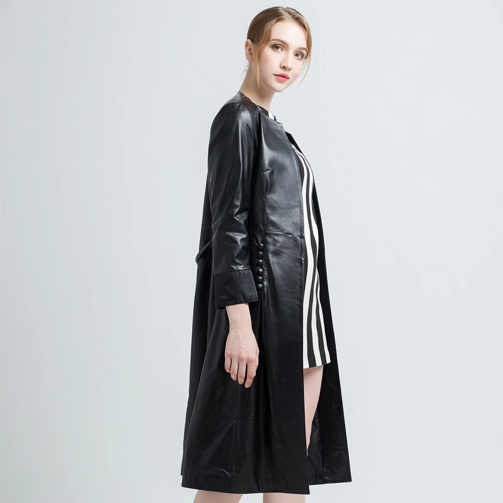 Gours Genuine Leather Coat for Women Spring Fashion Classic Long Sleeve Slim Coat Ladies Leather Windbreak Sheepskin Jacket