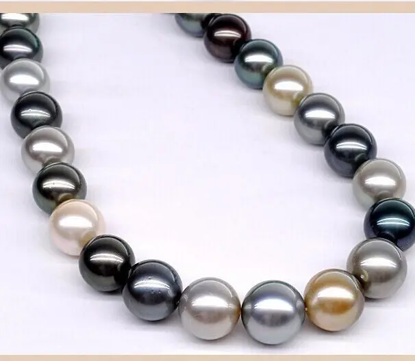 

18"12-13mm Natural Tahitian genuine white gold black gray round pearl necklace