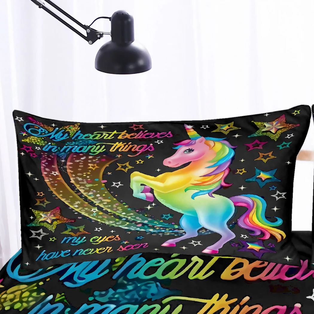 

3D Digital Printing Rainbow Unicorn Fairytale with Sparkling Stars Bedding Sets 100% Microfiber Black Background