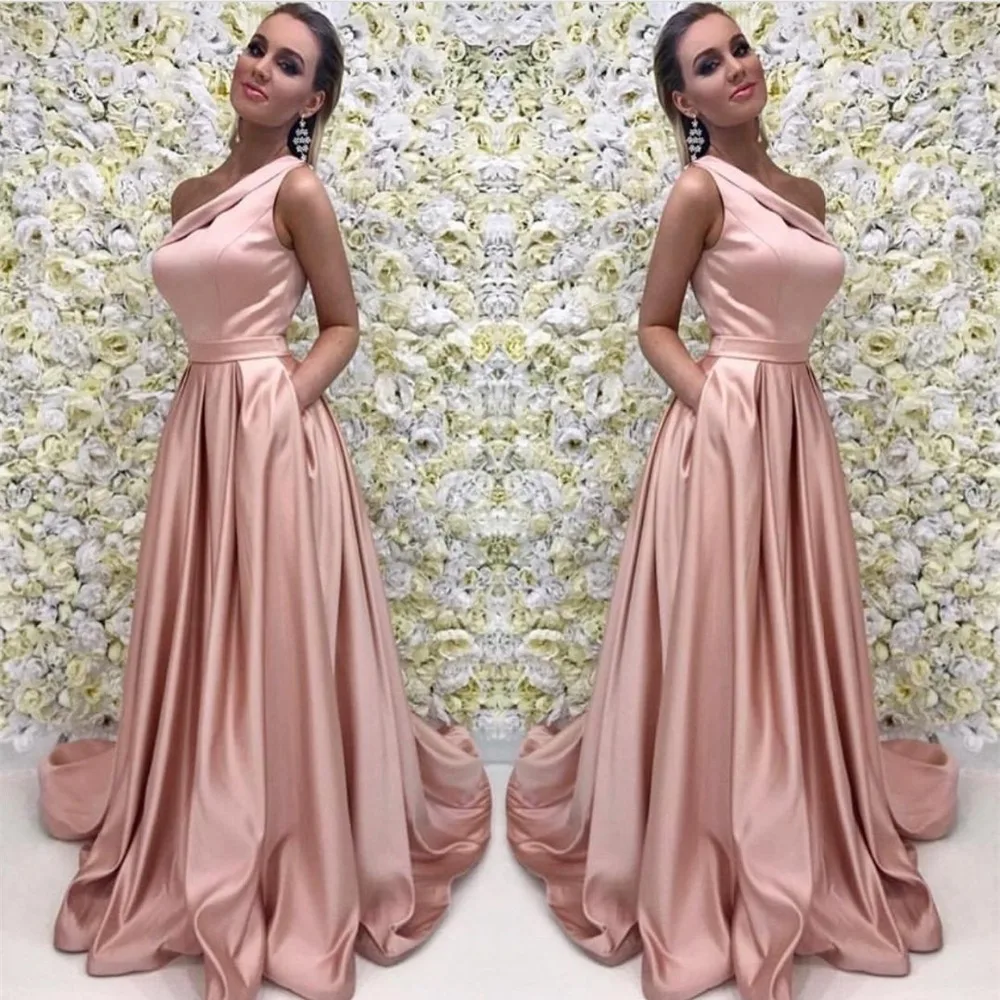 209 85 Robe De Soiree Longue Elegant A Line Pink Long Evening Dresses 2017 Vestido De Noche One Shoulder Satin Evening Gowns With Belt