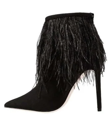 

Women Black Flock Leather Pointed Toe Ankle Boots Fashion Fringe Embellished High Thin Heel Short Bootie Side Zipper Dress Shoes
