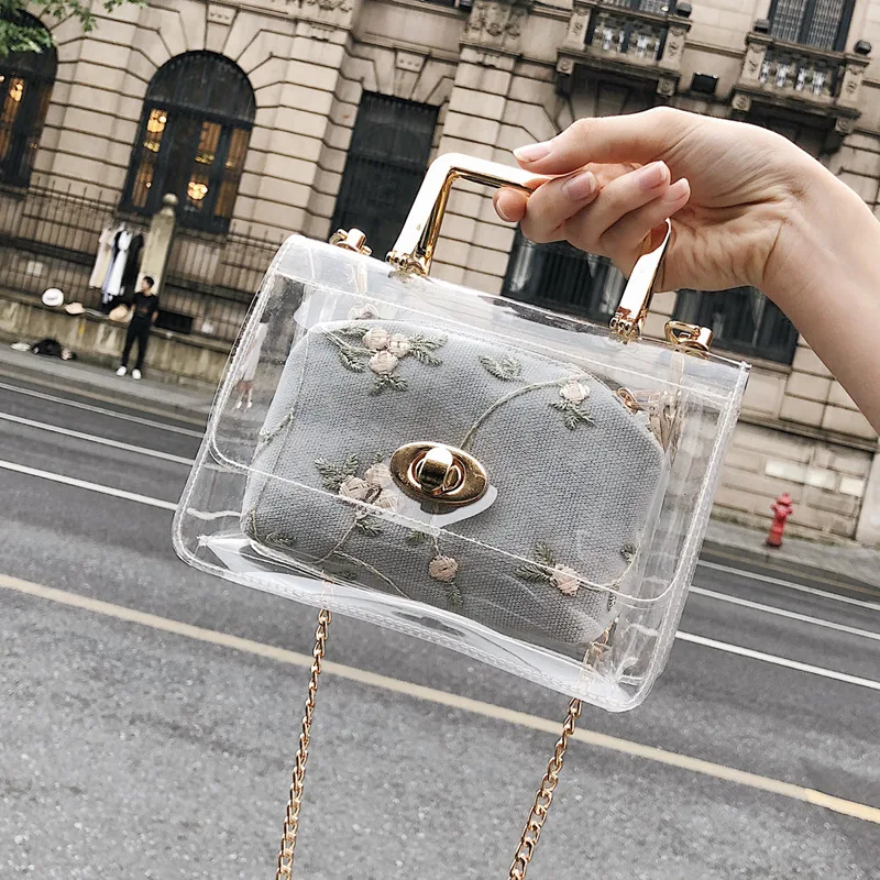 

2018 Summer Ladies Embroidery Transparent Jelly Small Handbags For Women Fashion Chain PU Leather Shoulder Bag sac a main S723