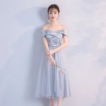 Embroidery Midi Dress Bridesmaid Dresses Wedding Guest Dress Off Shoulder Grey Colour grey one shoulder long sleeves midi dress