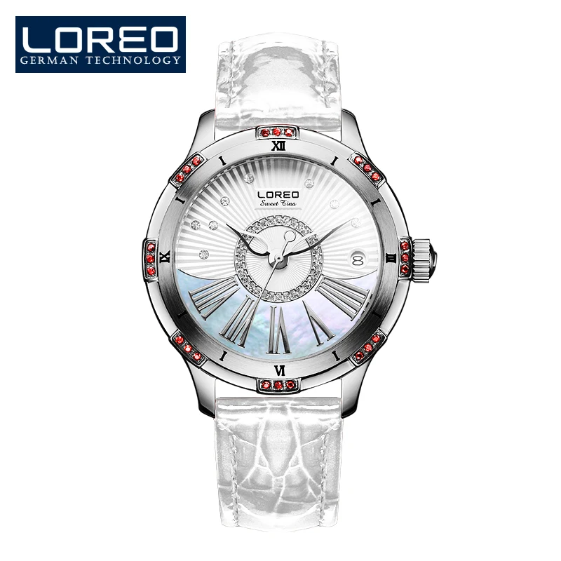 

LOREO diamond automatic mechanical Pearl dial distinguish luxury waterproof leather strap stainless steel best white lady watch