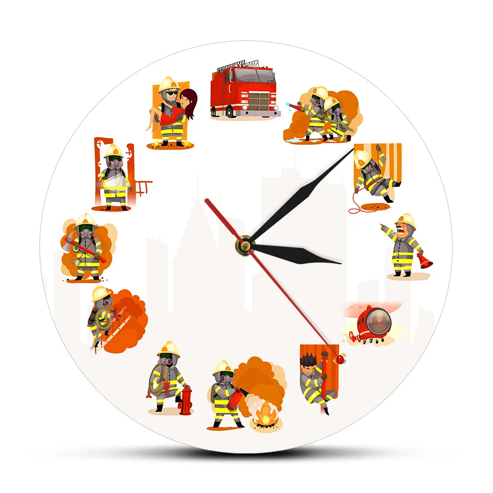 

Fireman At Work Fire & Rescue Wall Art Fire Department Decor Wall Clock Comic Style Firefighter Team Printed Modern Wall Clock